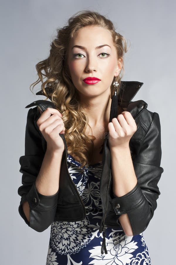 Beautiful Slim Blond, Girl in Leather Jacket Stock Photo - Image of ...