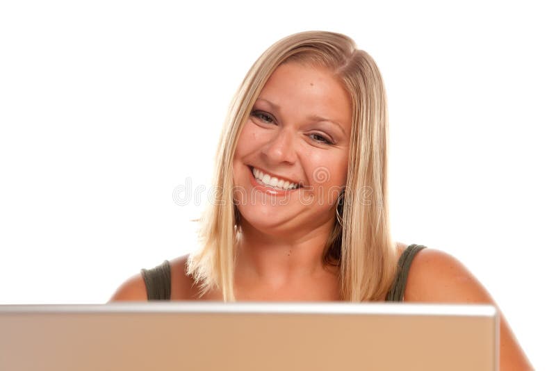 Beautiful Smiling Blonde Woman Using Laptop