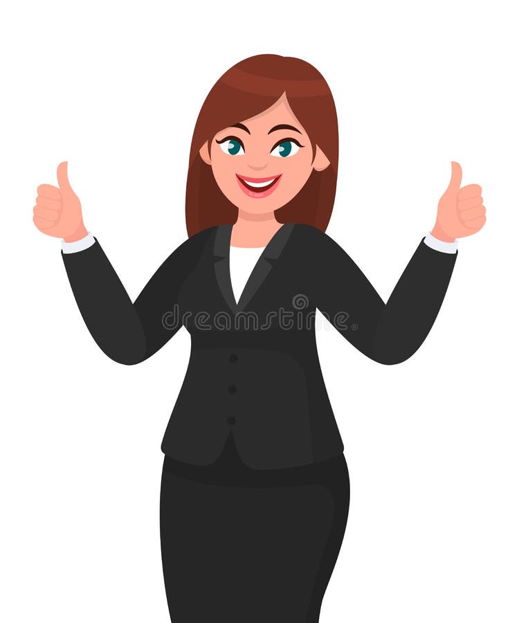 Beautiful smiling business woman showing thumbs up sign / gesturing with both hands. Like, agree, approve, positive.