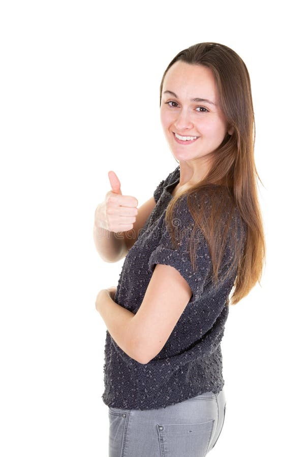 Beautiful Smiling Girl Showing Thumbs Up on a White Background Stock ...