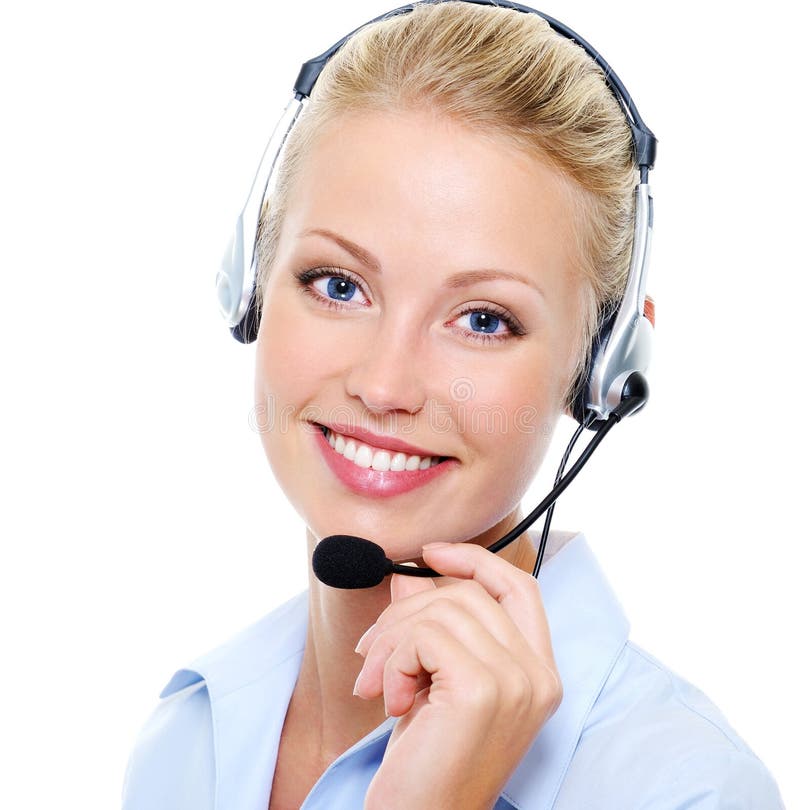 Face of beautiful smiling happy woman in headset