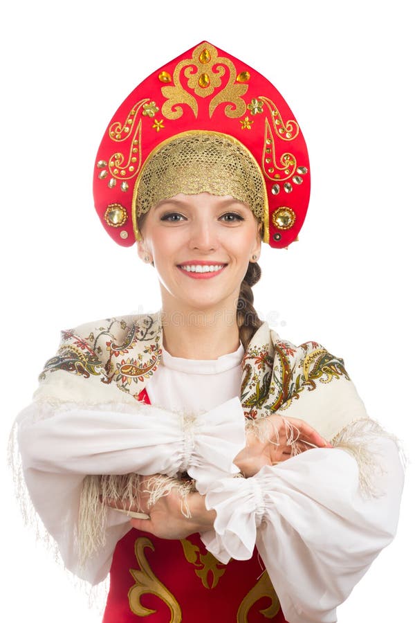 Beautiful Smiling Russian Girl in Folk Costume Stock Photo - Image of ...