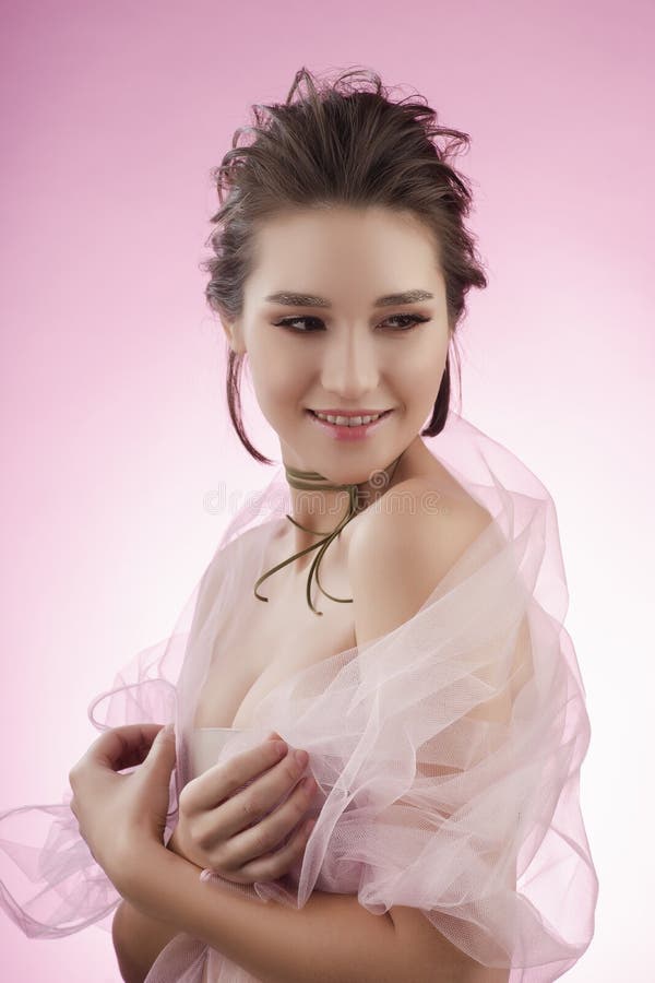 Beautiful Young Big Breast Asian Girl Wearing A Pink Veil On Her