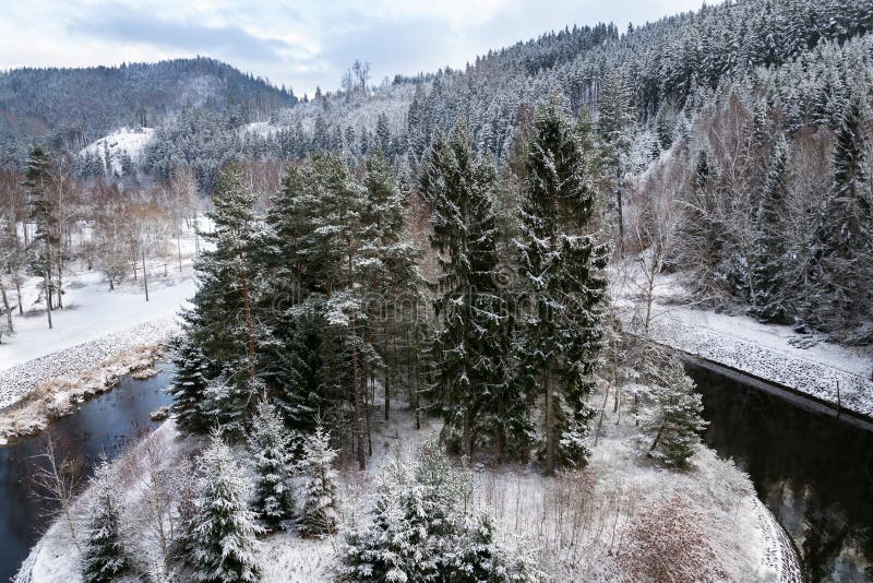 Beautiful Snowy Winter Forest Landscape Tepla River Under Brezova Dam