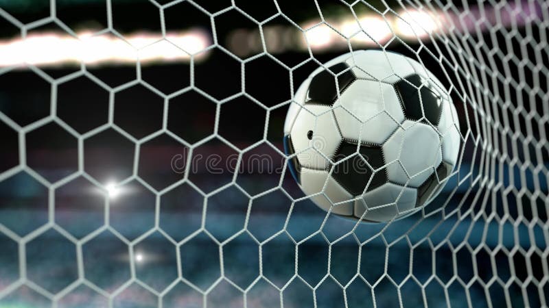 Beautiful Soccer Ball flies into Goal Net in Slow Motion. Football 3d animation 4k vector illustration