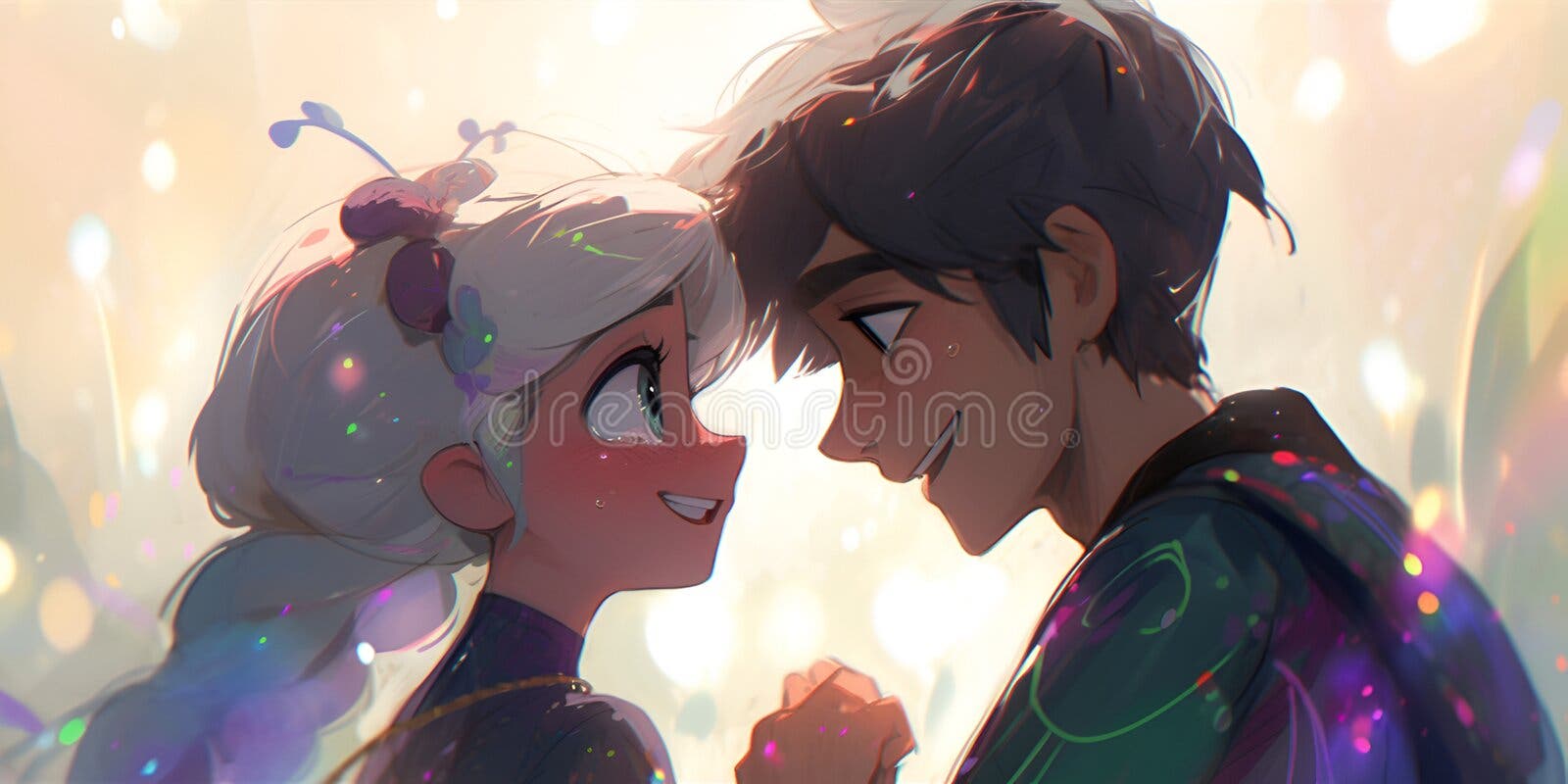 Cute couple in love. Romantic wallpaper. Anime style characters. AI Stock  Illustration