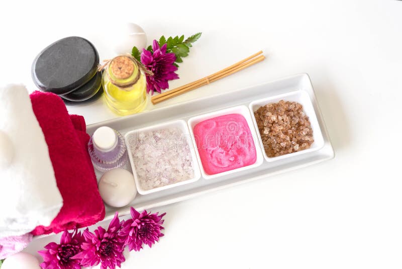 Beautiful Spa Equipment on Massage Table in Wellness Center. Set of