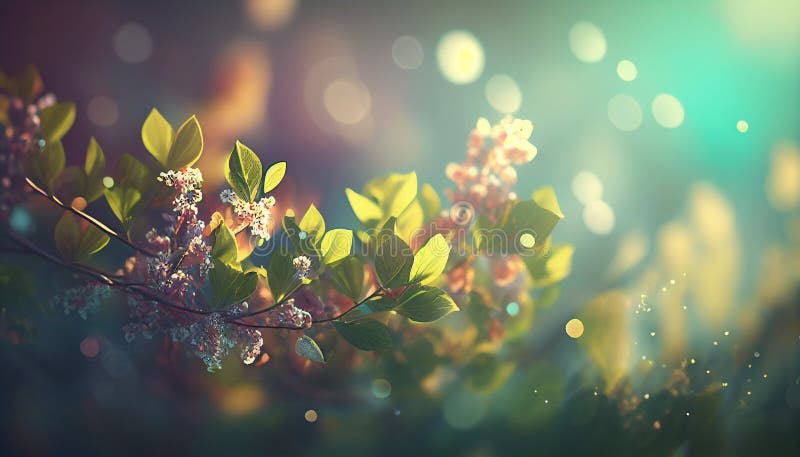 Beautiful Spring background with bokeh 3d rendering. Generative AI royalty free illustration