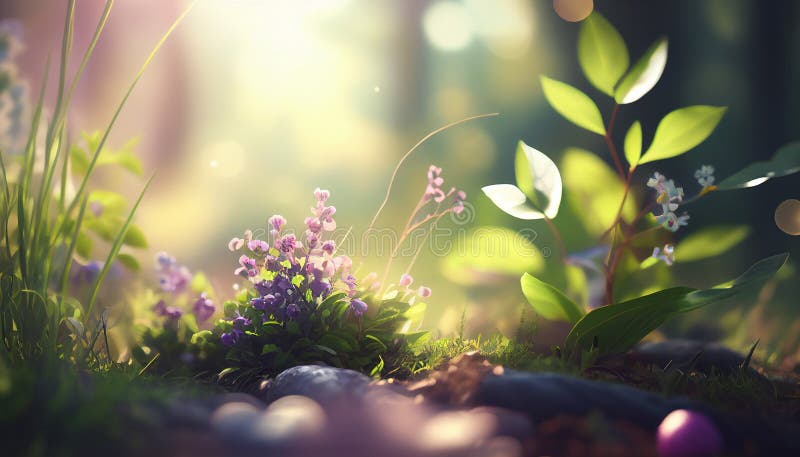 Beautiful Spring background with bokeh 3d rendering. Generative AI