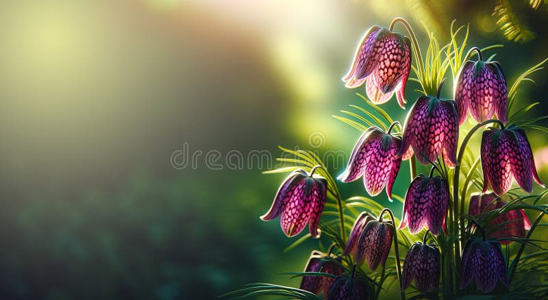 Beautiful spring background with purple bell flowers, Sunlit Fritillaria Meleagris in Bloom