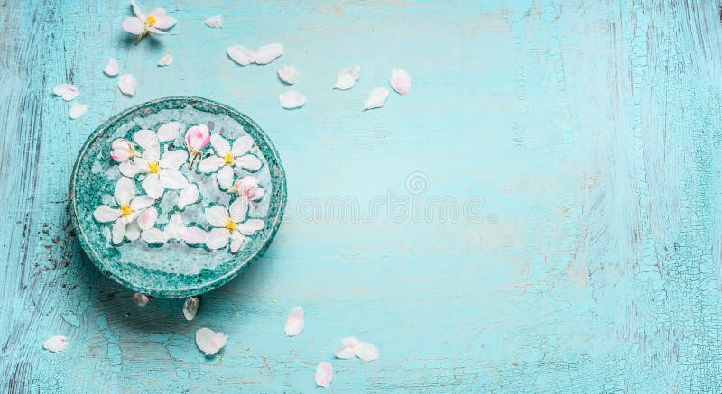 Beautiful spring blossom with white flowers in water bowl on Turquoise blue shabby chic wooden background, top view.