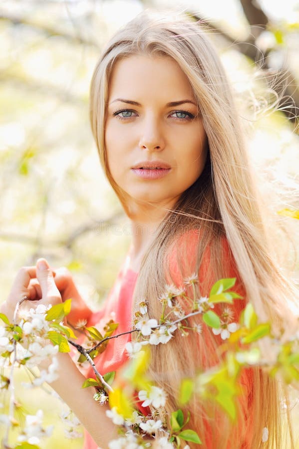 Beautiful Spring Girl in Blooming Garden Stock Image - Image of natural ...