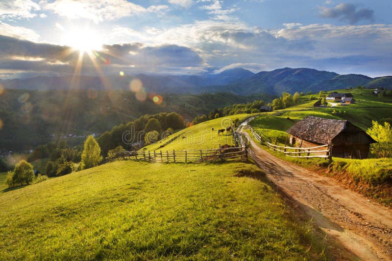 Beautiful Spring Landscape with Old Farm in Mountains Stock Image ...