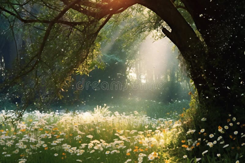 Peisaj primavara frumos cu raze de soare care strălucesc prin ramurile copacilor stock illustration