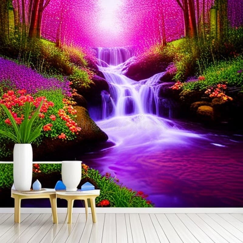 Painting with a waterfall in a bright spring forest in the interior of the room royalty free illustration
