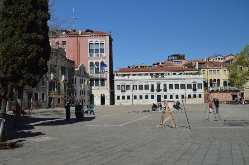 Beautiful Square Campo San Polo In Venice. Travel, Holidays, Architecture. March 27, 2015. Venice, Region Of Veneto, Italy royalty free stock photography Beautiful Square Campo San Polo In Venice. Travel, Holidays, Architecture. March 27, 2015. Venice, Region Of Veneto, Italy royalty free stock photography