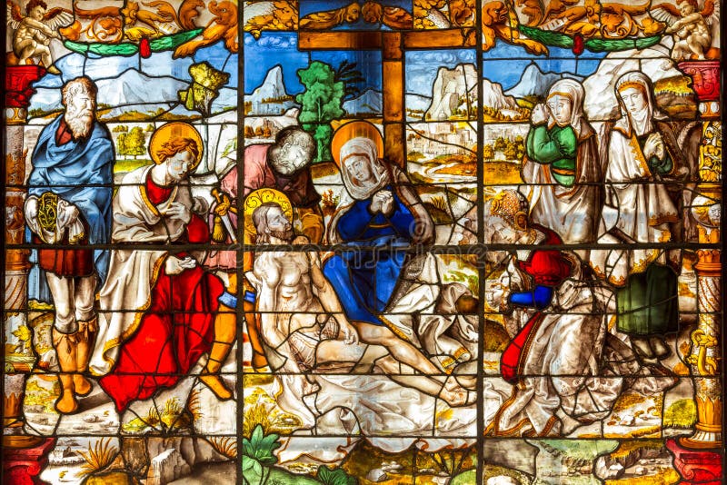Beautiful stained glass window depicting the resurrection of Jesus, celebrated on Easter Sunday