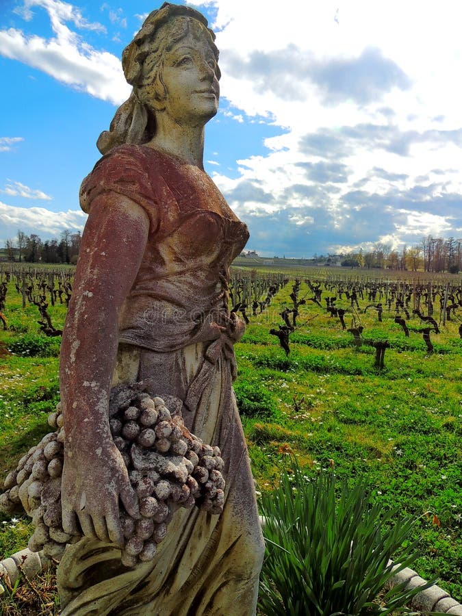 Beautiful statue of a girl gathering grapes on a background of vineyards and blue sky