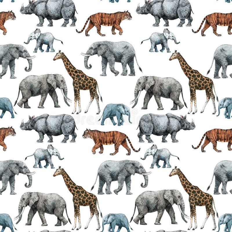 Beautiful stock seamless pattern with cute hand drawn safari giraffe elephant tiger monkey rhinoanimal pencil