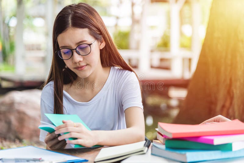 Beautiful Student Studying Girl in Glasses Reading Book Stock Image