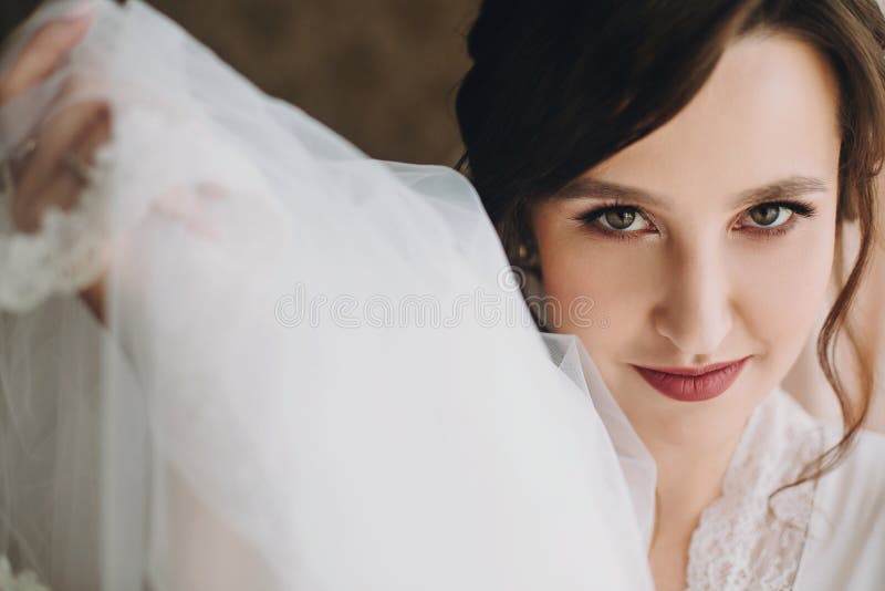 Beautiful Stylish Brunette Bride Posing In Silk Robe Under Veil In The