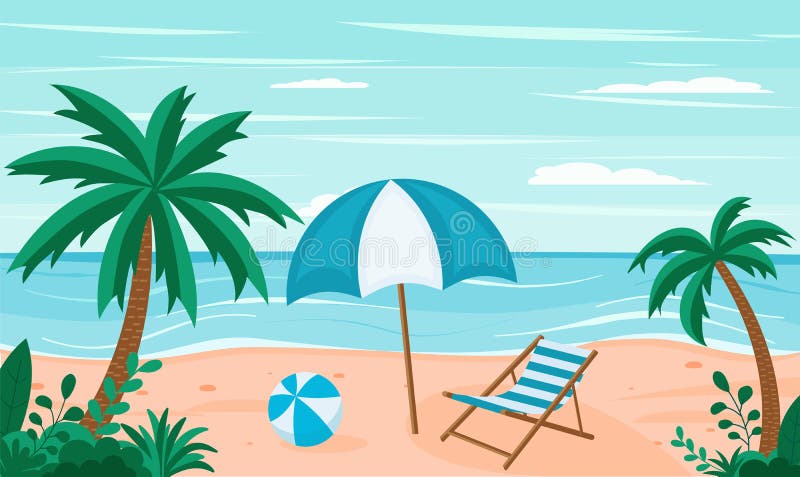 Beautiful Summer Beach Background Sea Cartoon Style. Flat Illustration ...