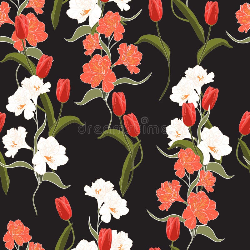 Beautiful summer freshy Trendy Wild blooming flower orange tulip and alstroemeria seamless pattern