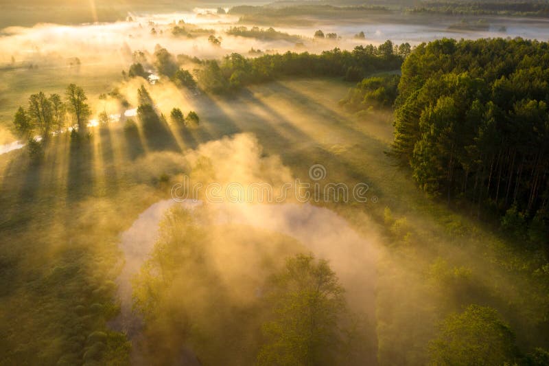 Beautiful Summer Landscape Aerial View Sun Shines Through Mist On