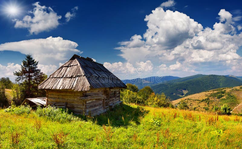 Beautiful summer landscape in mountains village stock photo