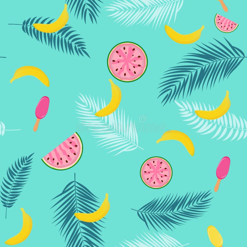 Beautiful Summer Seamless Pattern Background with Palm Tree Leaf Silhouette, Watermelon, Banana and Ice Cream. Vector stock illustration Beautiful Summer Seamless Pattern Background with Palm Tree Leaf Silhouette, Watermelon, Banana and Ice Cream. Vector stock illustration