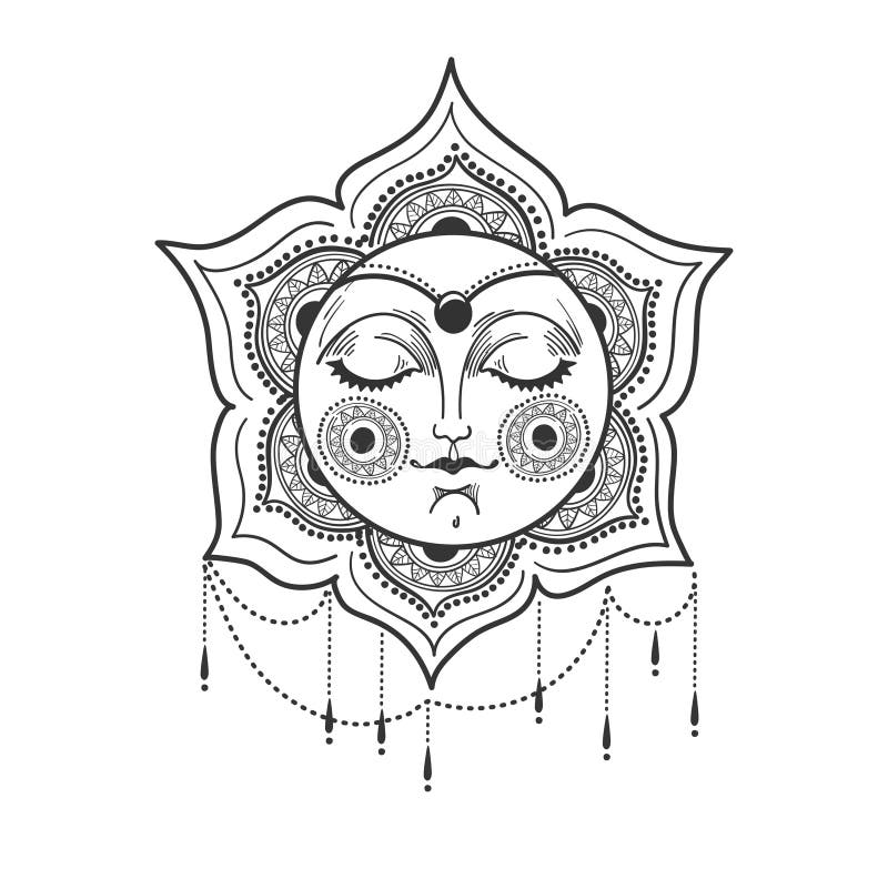Beautiful sun with female face, jewelry and mandala ornament, bohemian design, tattoo. Linear hand drawing isolated on