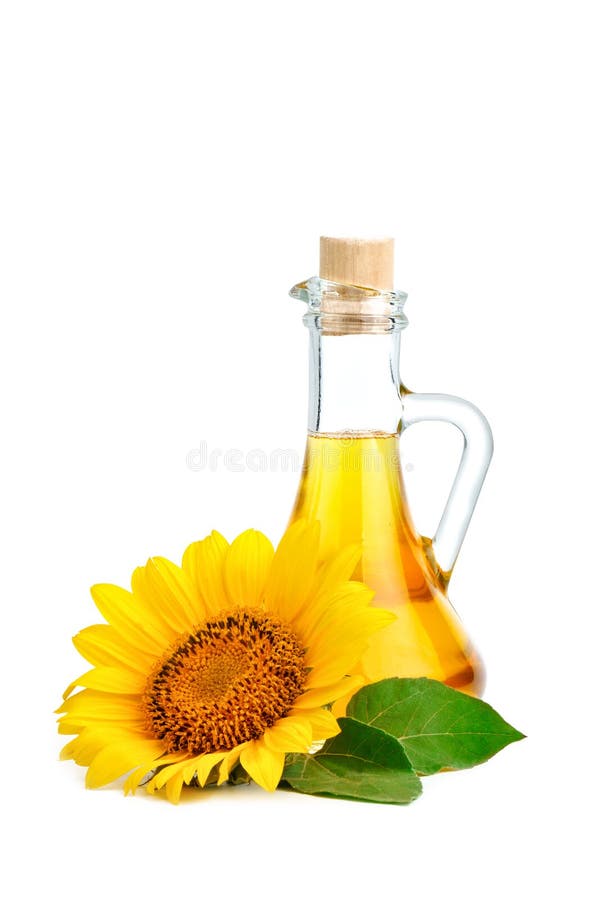 Beautiful Sunflowers and Sunflower Oil on a White Background. Stock