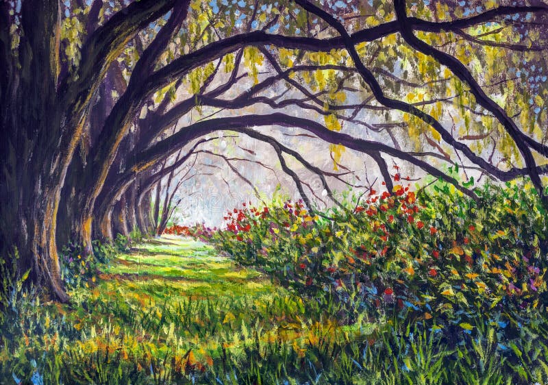 Flower alley park forest with large black old trees and long branches - acrylic, oil painting. Flower alley park forest with large black old trees and long branches - acrylic, oil painting