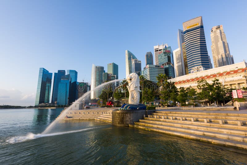 Beautiful sunrise of city skyline with Merlion