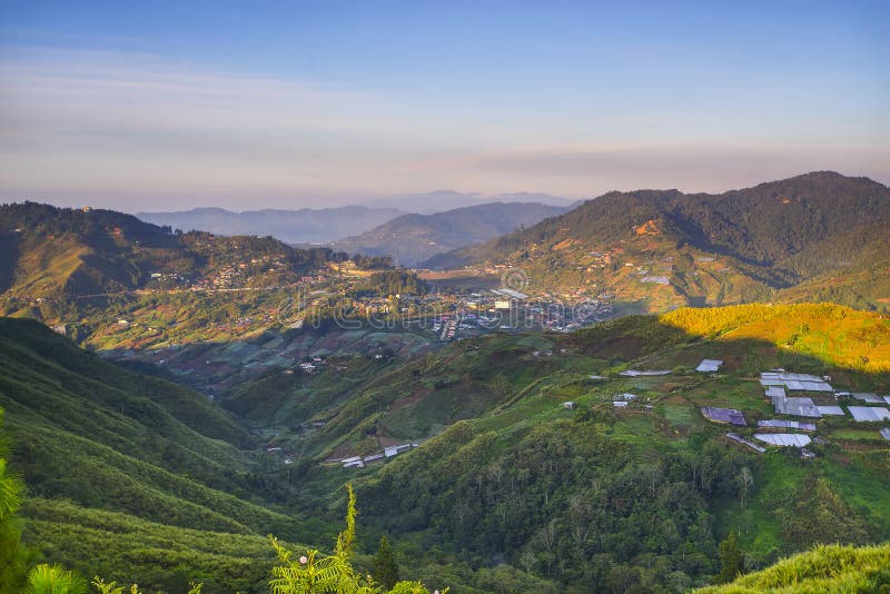 Beautiful sunrise over layer hill at Kundasang, Sabah. stock photo