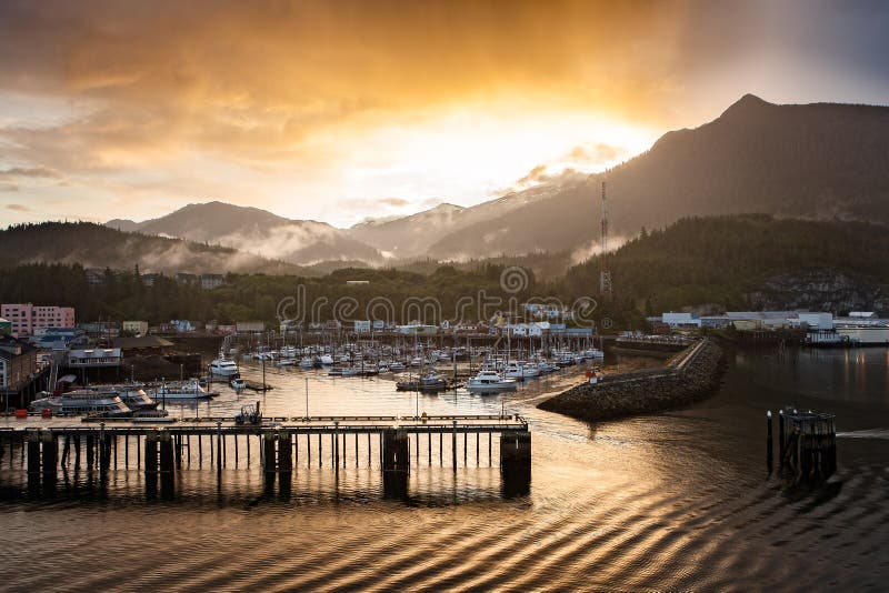 Beautiful Sunrise over the Marina in Skagway in Alaska, USA royalty free stock photo Beautiful Sunrise over the Marina in Skagway in Alaska, USA royalty free stock photo