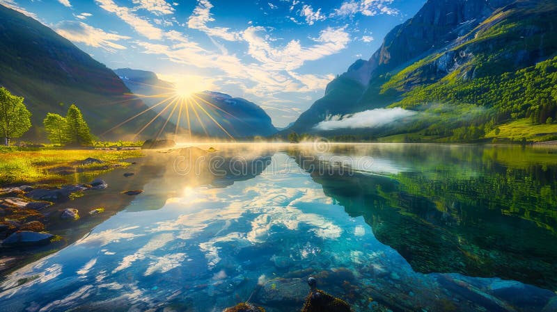 Un soare frumos peste un lac de munte stock photos