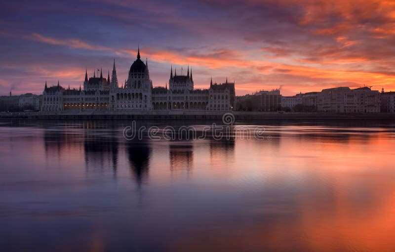 Beautiful sunrise over the Parliament in Budapest