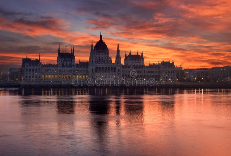 Beautiful sunrise over the Parliament in Budapest