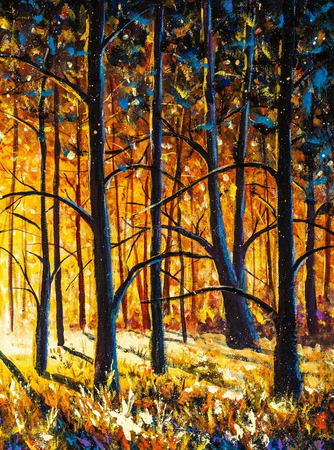 Beautiful sunrise sunset in autumn orange park alley forest original oil painting . Trees lit by sun impressionism. Beautiful sunrise sunset in autumn orange park alley forest original oil painting . Trees lit by sun impressionism