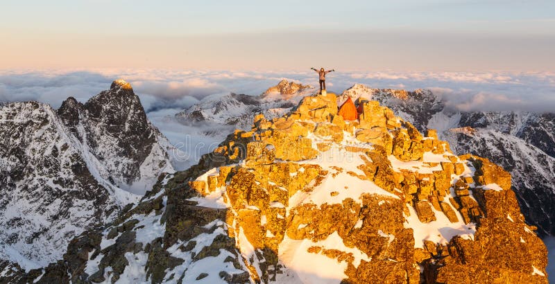 Beautiful sunrise on the top of Rysy in Tatras