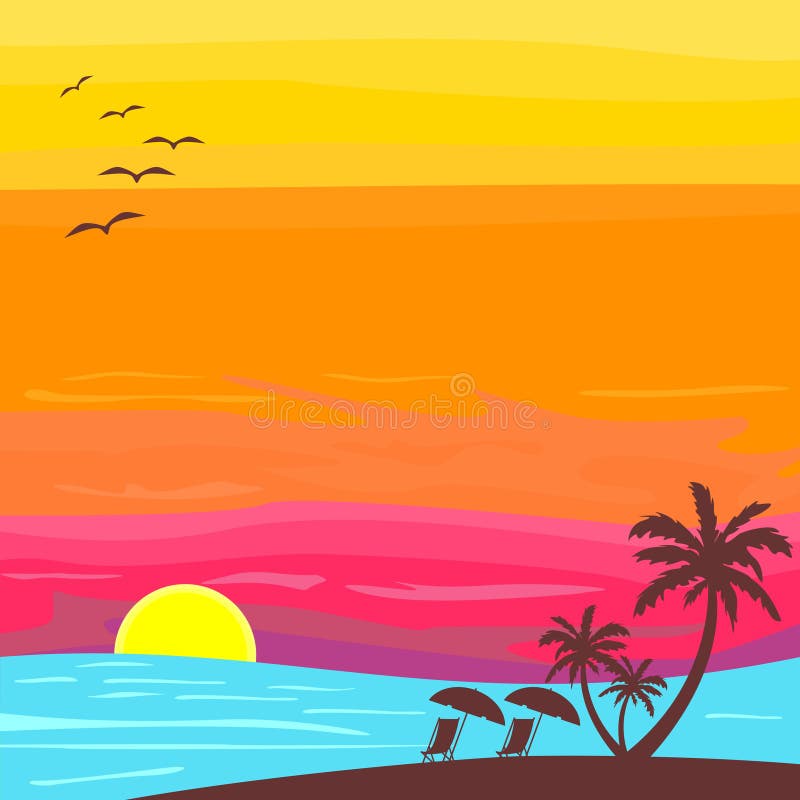 beautiful sunset beach scene illustrations