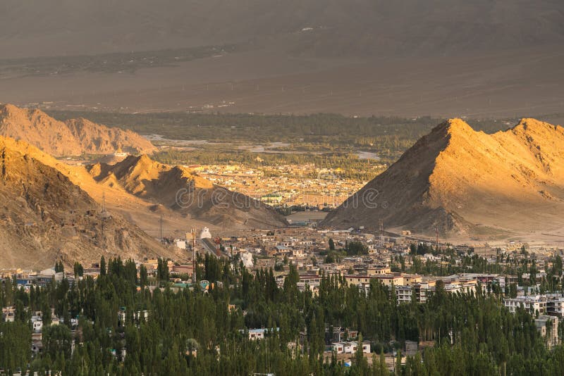 Beautiful sunset in leh city, view from shanti stupa stock photo Beautiful sunset in leh city, view from shanti stupa stock photo