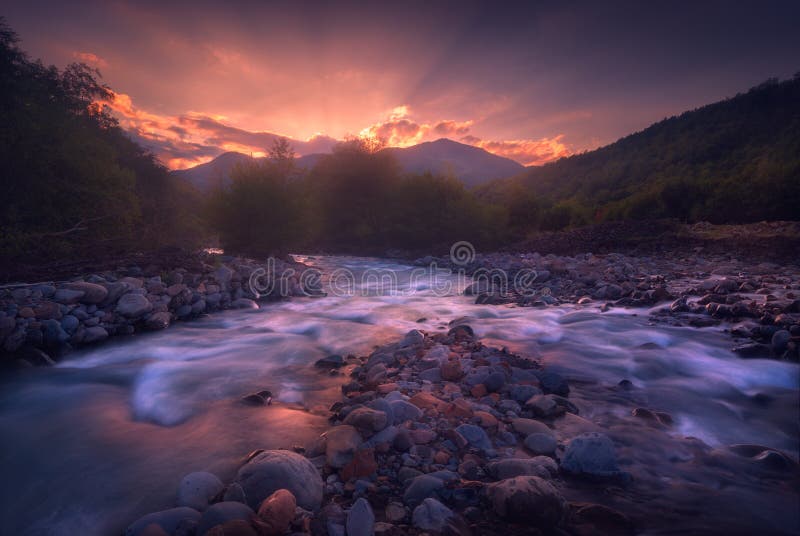 Beautiful Sunset Over Fast Flowing Mountain River Colorful Summer