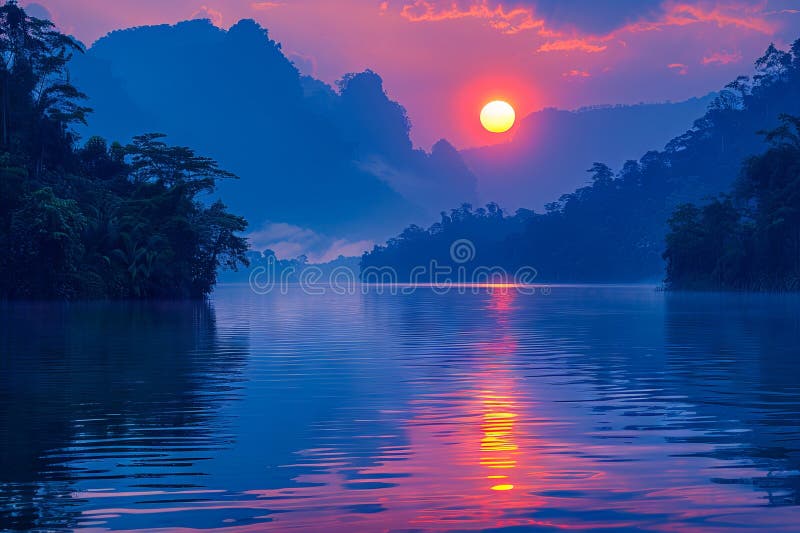 Un apus frumos deasupra unui lac cu munți în fundal royalty free stock photos