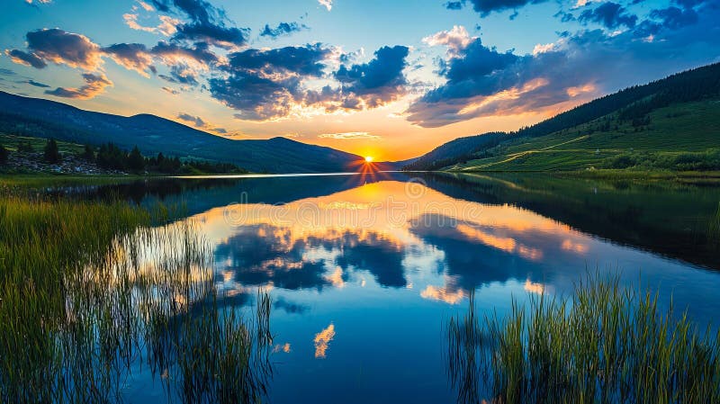 Un apus frumos deasupra unui lac cu munți în fundal royalty free stock image