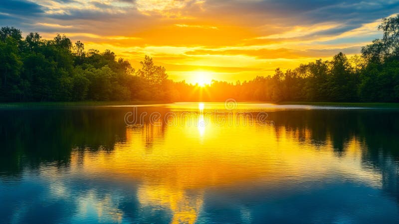 Un apus frumos deasupra unui lac cu copaci în fundal stock images