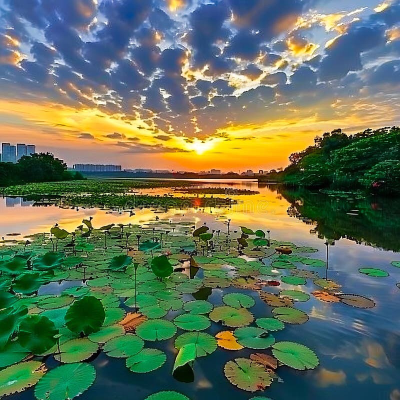 Un apus frumos deasupra unui lac cu crini de apă stock image