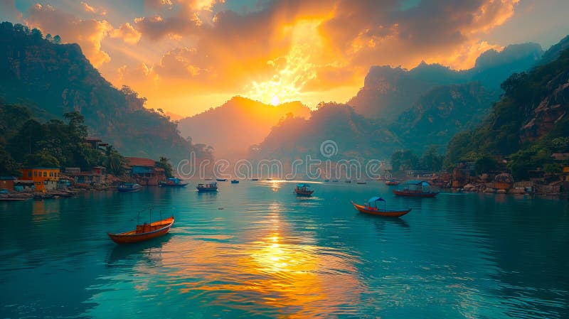 Un apus frumos deasupra unui lac muntos cu bărci royalty free stock photography