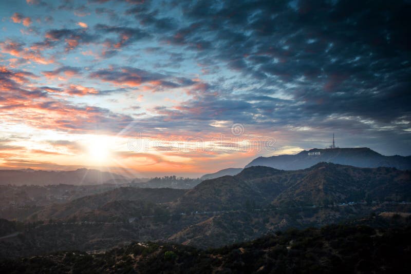 City Shot of Los Angeles with Hollywood Sign at Night Stock Image ...